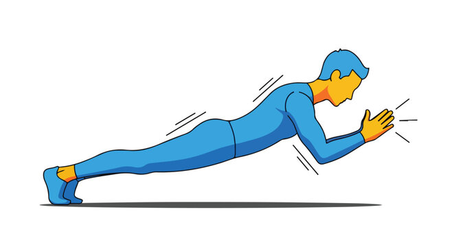 Cartoon illustration of a person demonstrating the plank exercise position for core strengthening and physical fitness routine progression