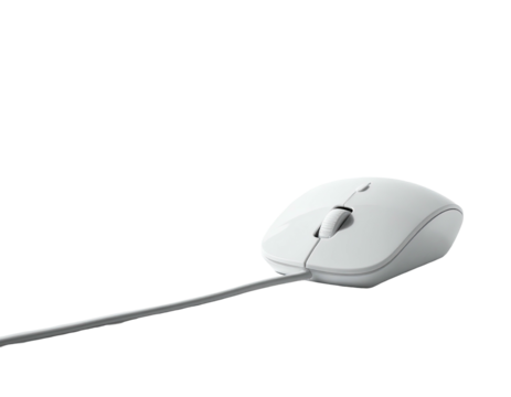 White computer mouse with cord on black background, angled slightly upward