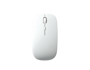 Overhead shot of a simple, smooth, white wireless mouse on a black background