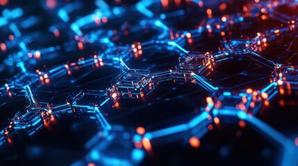 Fototapeta premium A vibrant abstract image showcasing a network of interconnected hexagonal shapes with glowing blue and orange accents.