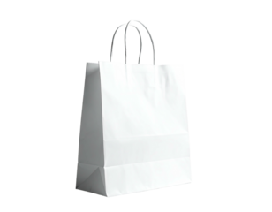 A stark white paper bag with twisted handles against a black background