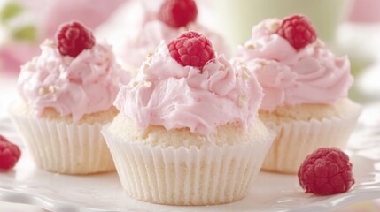 National Coconut Cream Pie Day Delicious raspberry cupcakes with pink frosting on elegant white plate