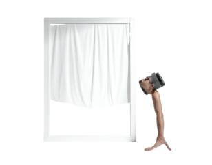 Human form with head in an object, gazing at a white curtain in a window