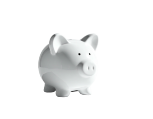 A glossy white piggy bank, slightly off-center against a stark black backdrop