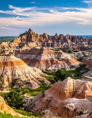 Colorful badlands landscape under a vibrant sky