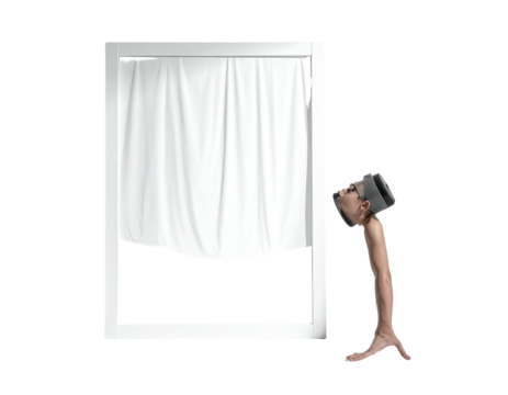 Human form with head in an object, gazing at a white curtain in a window