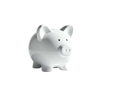 A glossy white piggy bank, slightly off-center against a stark black backdrop
