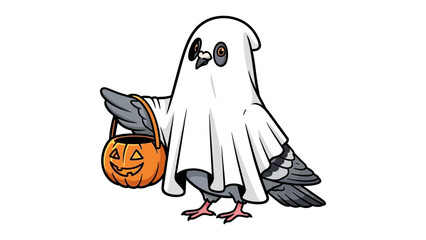 Halloween Pigeon in Costume: An artistic and cheerful representation of a pigeon cleverly costumed as a ghost, gleefully holding a carved pumpkin bucket for the trick-or-treat night. 