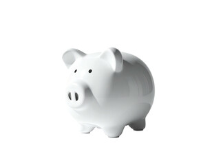 A glossy, white ceramic piggy bank, isolated against a stark black background
