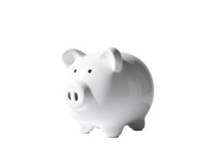 A glossy, white ceramic piggy bank, isolated against a stark black background