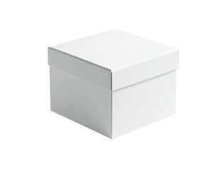 A plain white square box, lid slightly ajar, placed against a stark black background