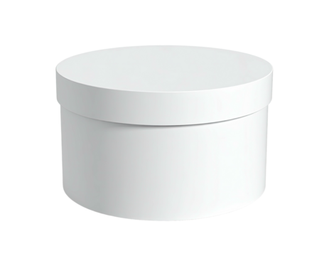 A plain, round white container with a lid, against a solid black background