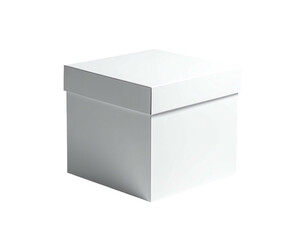 A simple, white, square cardboard box with a lid sitting on a black background