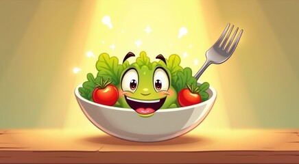 Cartoon bowl of salad character with shiny eyes and wide grin