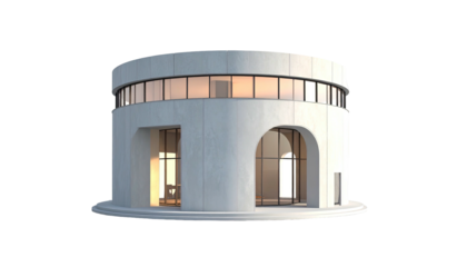 Modern, cylindrical building with curved windows, arches, and minimalist aesthetic