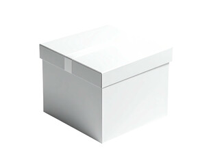 Square, white package with a lid, viewed at a slight angle, on a black background