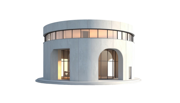 Modern, cylindrical building with curved windows, arches, and minimalist aesthetic