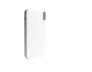 A white phone case, slightly angled, against a stark black background