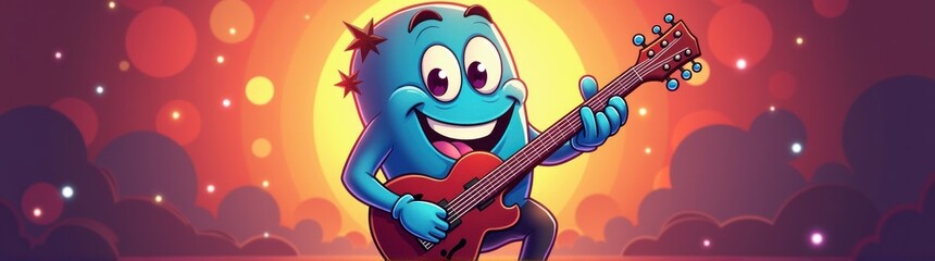 Cartoon character with guitar in front of a bright background
