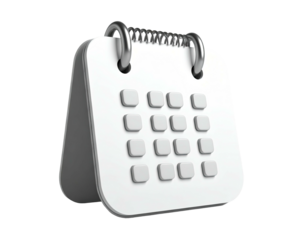 White 3D desk calendar with silver spiral binding, shadow effect on clear background