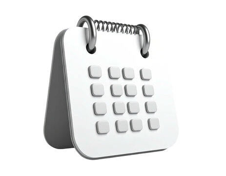 White 3D desk calendar with silver spiral binding, shadow effect on clear background