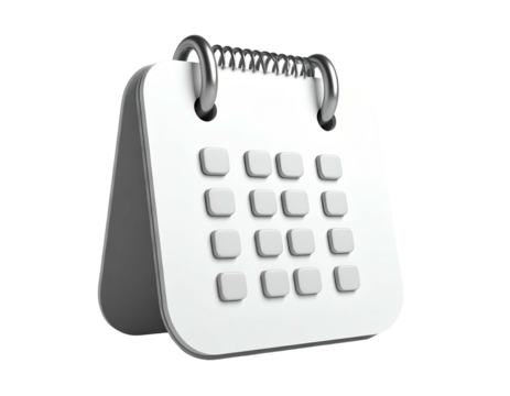 White 3D desk calendar with silver spiral binding, shadow effect on clear background