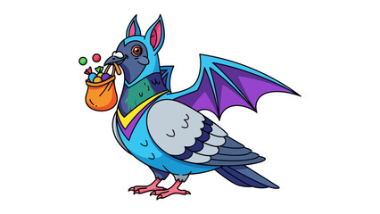 Pigeon-bat Character with candies: This vibrant illustration showcases a whimsical pigeon character adorned in a bat costume. The pigeon, with a lively expression, carries a bag of colorful candies.