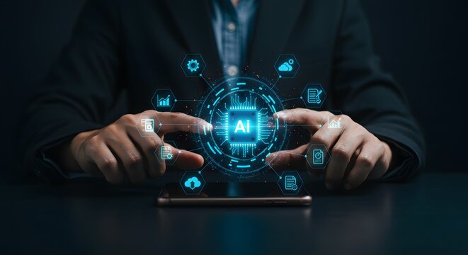 AI Technology Concept: Businessman Interacting with Artificial Intelligence