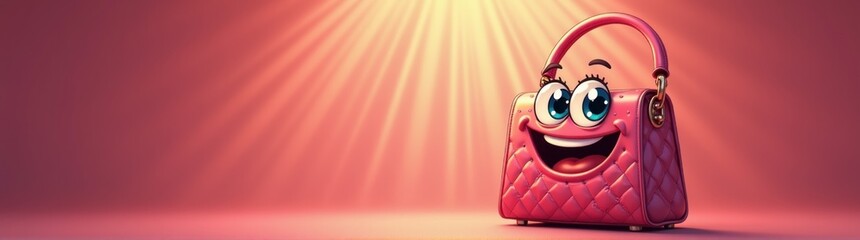 Cartoon handbag with eyes and a smile on a pink background
