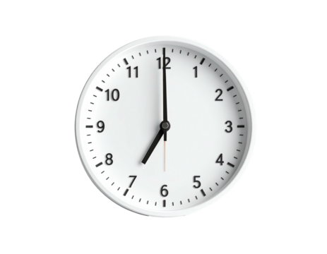 Plain white analog clock face set to 7 o'clock, with hands and numbers clearly visible