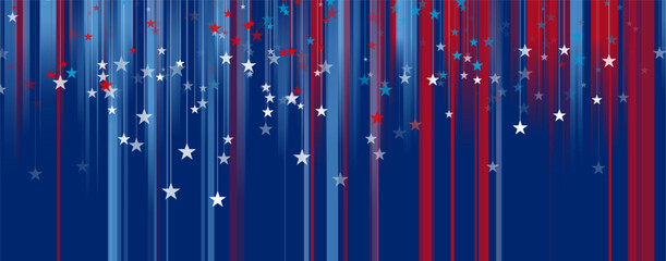 Blue red stars and stripes in American USA flag style abstract background. Independence Day modern vector banner design