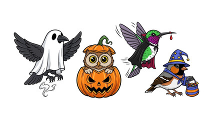 Whimsical Halloween Avian Ensemble: A charming array of Halloween-themed bird illustrations, showcasing unique costumed characters.