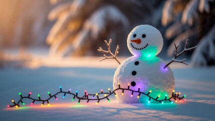 Obraz premium Snowman decorated with colorful Christmas lights in snowy winter evening