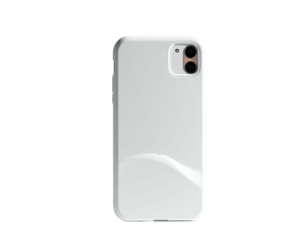 A glossy white phone case with camera cutouts on a stark black background