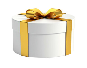 Round white gift box, secured with elegant golden ribbon and bow, against black