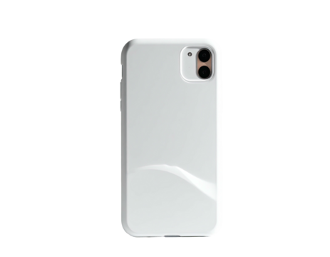 A glossy white phone case with camera cutouts on a stark black background