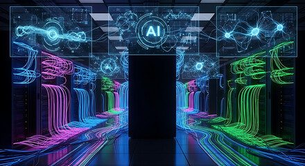 AI data center with colorful cables and holographic AI displays artificial intelligence