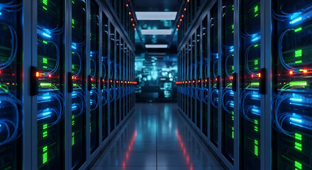 Aisle of server racks with blinking green and red lights in a data center server room