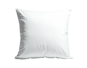 A fluffy, square, white cushion on a stark black background, with slight texture