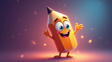 Cartoon pencil character with arms and legs waving and smiling