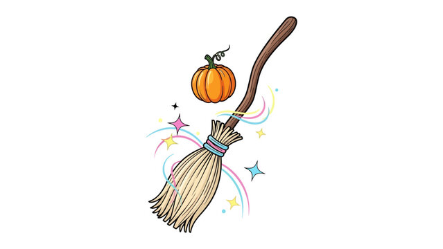 Spooky Broom: An enchanted broom, complete with a bright pumpkin, swirls of magical energy, and twinkling stars against an imaginative canvas. Perfect for Halloween, fantasy, and decorative designs. 