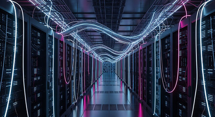Data Center Hallway with Wavy Neon Light Cables and Server Racks server room technology