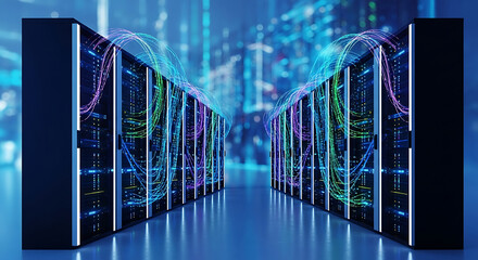 Data Center with Flowing Light Streams Between Server Racks server room technology