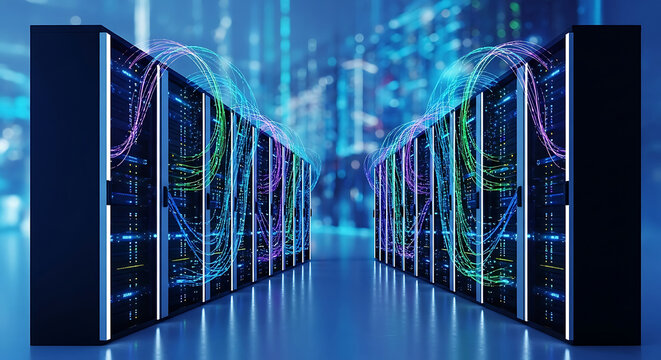 Data Center with Flowing Light Streams Between Server Racks server room technology