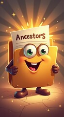 Cartoon character holding a folder with a sign that says ancestors