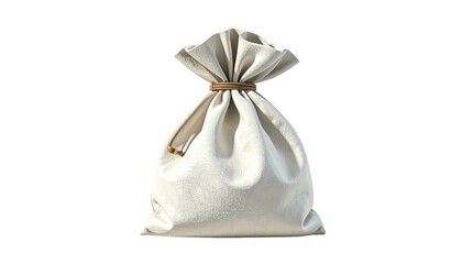 Neutral-toned cloth bag, cinched at the top with a cord, isolated on black