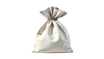 Neutral-toned cloth bag, cinched at the top with a cord, isolated on black