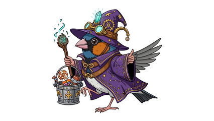 Whimsical Wizard Bird: A charming bird dressed as a wizard, adorned with a pointed hat, holding a magic staff and a basket of sweets, inviting viewers into a world of fantasy.