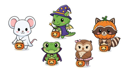 Spooky Squad: A charming collection of adorable creatures, each donning unique costumes and carrying glowing jack-o'-lantern buckets, ready for a night of trick-or-treating fun. 