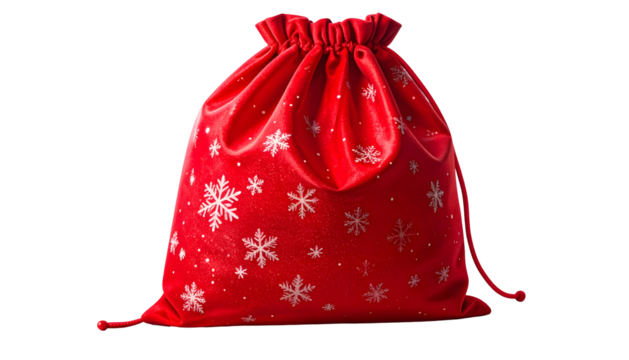 Red gift sack with snowflake pattern isolated on transparent background